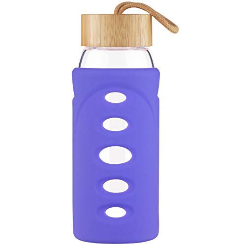Justfwater Botella de Agua de Borosilicato de 750ml, Botella de Agua de Vidrio con Funda de Silicona y Tapa de Bambú