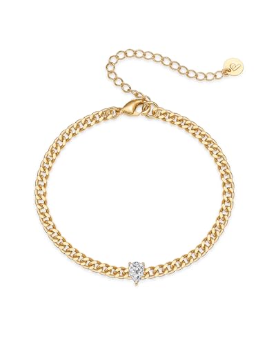 PAVOI 14K Gold Plated Cubic Zirconia Solitaire Diamond Bracelet | Bridesmaid Bracelets | Curb Cable Bracelets for Women