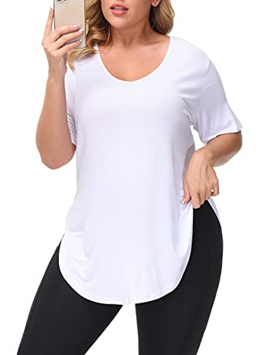 Gboomo Womens Plus Size Casual T Shirts High Split Short Sleeve Tops Scoop Collar Tee for Leggings White 2X
