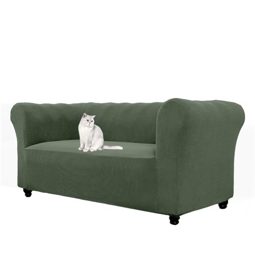 Chesterfield - Funda elástica antideslizante para sofá curvo de 2 plazas con brazos, perfecta para sala de estar (verde)