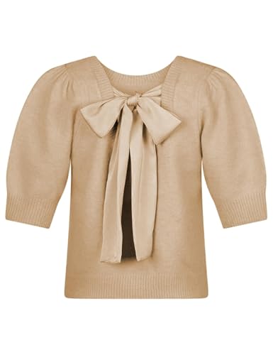 Image of Seyumixi Women Cute Bow Sweater Puff Short Sleeve Crewneck Knitted Shirt Bowknot Tie Back Knit Pullover Tops