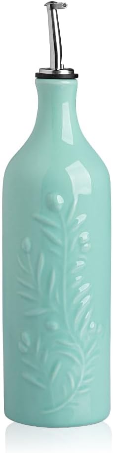 Sweejar Large Olive Oil Dispenser Bottle with Spout, 24 Oz Ceramic Oil Dispenser for Kitchen, Relief Opaque Oil Cruet, Oil Container for Cooking, EVOO, Avocado Oil, Vinegar, Pack of 1(Turquoise) Turquoise Patterned styles