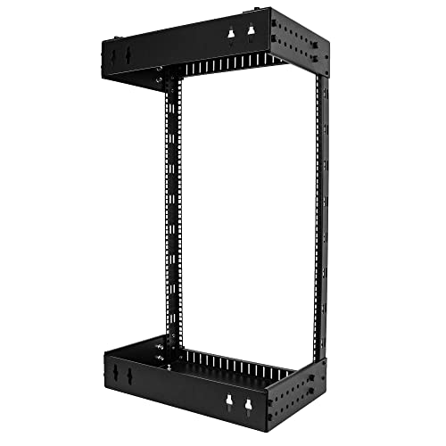Image of StarTech 18U 2-Post Wall Mount Open Frame Rack, 19in (RACK-18U-20-WALL-OA) | Adjustable depth 12-20in, 2.0mm SPCC cold-rolled steel, M6 cage nuts and screws, Heavy-duty 90kg capacity