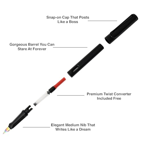 Image of Qalam Kaari Black Fountain Ink Pen With Refill Converter Pump | Elegant Plastic Body Fountain Pen with Fine Nib(0.5mm) | Zero Ink Leakage Smooth Writing Ink Pen