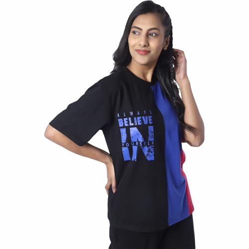 Image of London Hills Women's Drop Shoulder T-Shirt | Graphic Print Colorblock Half Sleeve Cotton T-Shirt | Casual Round Neck Top Soft Breathable Fabric | Regular Fit Stylish Tshirt