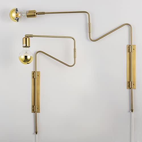 Brass Plug in Wall Sconce Set of 2, Modern Swing Arms Plug-in Bedroom Living Room Wall Lamp Industrial Adjustable Wall Sconces Lighting