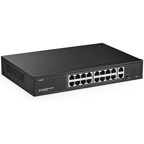 YuLinca 16 Port PoE Switch with 2 Gigabit Uplink, 10/100Mbps PoE+ Ports, 100/1000Mbps Uplink, IEEE802.3af/at, Max 200W, VLAN & PoE Extend 250m, Metal RackMount Fanless Unmanaged Ethernet Switch Cover