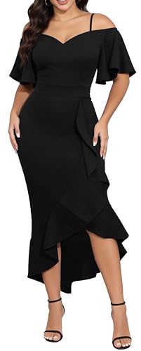 Women's Formal Wedding Prom Dress Black Ruffle Mermaid Gown for Bride College Graduation(Black,XXL)