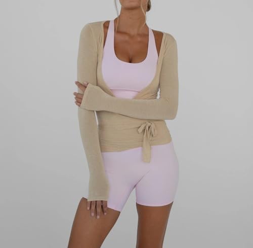 Image of Womens Slim Fit Tie Front Open Front Wrap Long Sleeve T Shirt Y2K Ballet Going Out Cardigan Aesthetic Casual Tops