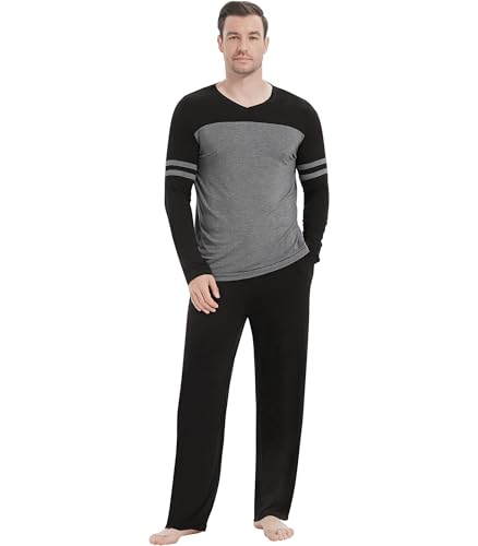 Image of NACHILA Mens Pajamas Set Viscose Made from Bamboo V Neck Top Sleep Pants | Elastic Waist with Drawstring,Soft ,Tagless Comfort,Moisture Wicking,All season Loungewear Set, Jogger Sweatpant,Match set