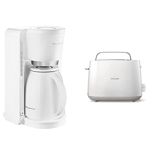 Rowenta CT3801 Filter- Kaffeemaschine Adagio Milano | Mit Kunststoff-Thermokanne | 8-12 Tassen | Weiß/Edelstahl & Philips Toaster – 2 Toastschlitze, 8 Stufen, Brötchenaufsatz, weiß (HD2581/00)