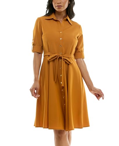 Image of Sharagano Women's Pleated Shirt Dress - 3 /4 Sleeve, V-Neck, Gold Buttons