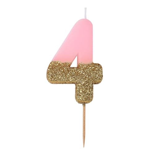 Image of Talking Tables Pink Number 4 Candle with Gold Glitter Premium Quality Cake Topper Decoration for Kids, Adults, 40th Birthday Party, Anniversary, Milestone Age, Height 8cm, 3", PINK4