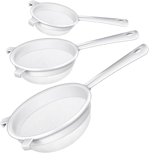 3 Pcs Plastic Nylon Mesh Strainer Colander with Handle Double Ear Fine Food Mesh Strainer Flour Sifter for Baking Kitchen Strainer Tea Juice Pasta Strainer (White, 8cm+10cm+14cm)