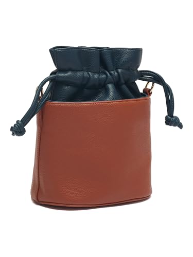 Image of white lily Women's Bucket Bag with Drawstring, Black and Brown Two-Tone, Adjustable Shoulder Strap