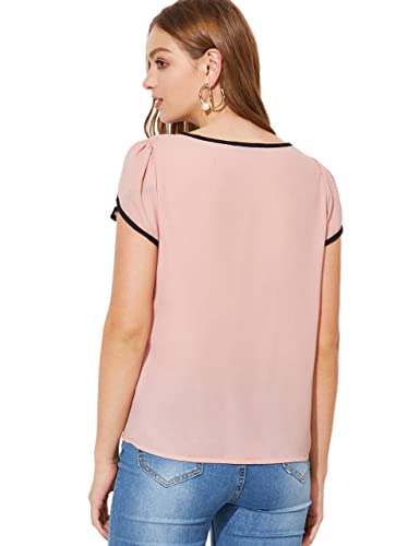Milumia Women's Casual Pleated Petal Cap Sleeve Round Neck Keyhole Blouse Top A Pink Large #TOP2