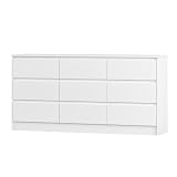 Modern 9 Drawer Wood Dresser for Bedroom, Large Floor Storage Drawer Cabinet Lateral Chest of Drawers Handle Free Organizer for Closet Living Room (White, 9 Drawer)