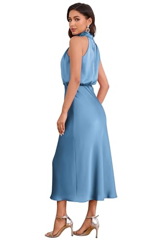 Image of Women's Satin Maxi Dress Summer Formal Wedding Guest Cocktail Dress | Mock Neck Sleeveless,Elegant Silk Midi Long Dress,High Neck,Halter,Aline,Bridesmaid,Bridal Shower Guest,Garden Party,Dinner