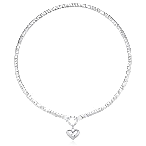 NUZON Love Heart Pendant Necklace for Women Silver Plated Thick Flat Herringbone Snake Chain Choker Engraving “Love You” Charm Sailor Lock Layering Jewelry 16’’