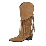 Bottes Hautes Vintage À Franges Boots De Cowboy Western for Femme Bottes Longues À Bout Pointu Boots Cavalières En Daim À Talon Carré Chaussures À Enfiler À Mollet Large Automne-hiver(Beige,42 EU)