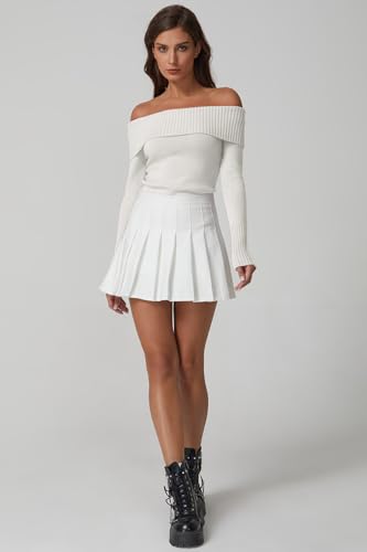 QINSEN Cotton Off The Shoulder Sweater for Women Long Sleeve Ribbed Knit Pullover Sweater Slim Fit Going Out Tops4