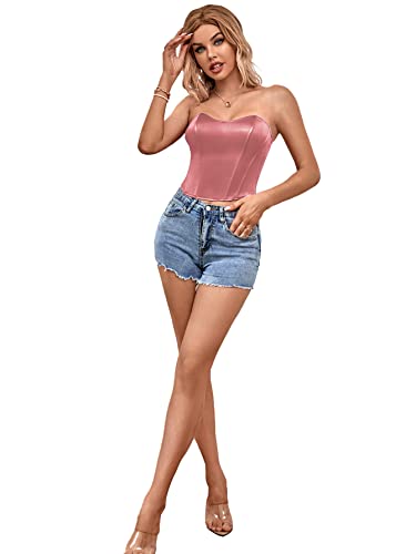Lyaner Women’s Sexy Satin Sweetheart Neck Crop Tube Tops Strapless Bustier Cami Corset Top Dusty Pink X-Small #TOP5