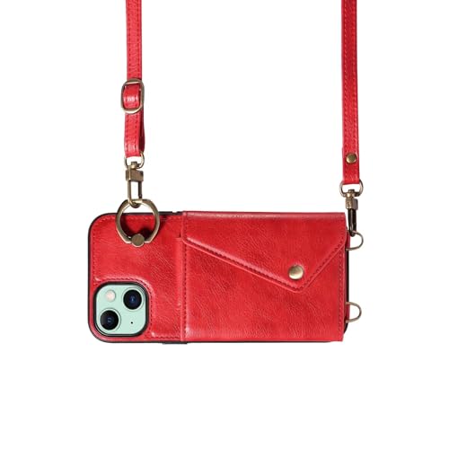 Coque iPhone 15 Plus avec anneau béquille et support vidéo étui portefeuille cuir rouge