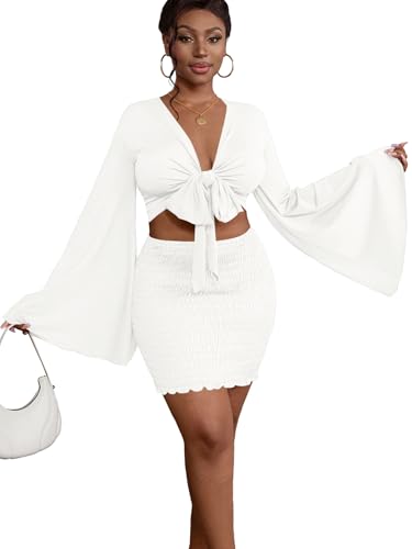 LYANER Women's 2 Piece Outfits Tie Knot Front Bell Long Sleeve Crop Top and Mini Skirt Set