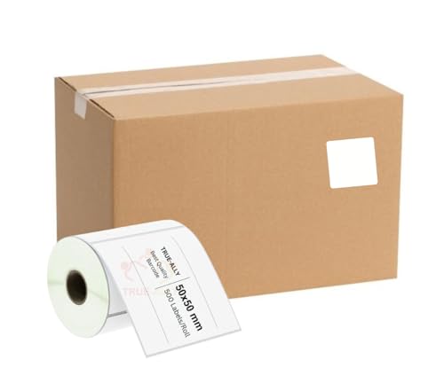 Image of True-Ally 20 Pcs 50x50 Direct Thermal (DT) Square Barcode Label Sticker - 2 x 2 inch -50mm x 50mm - 500 Labels /Roll - White Self Adhesive for Printing Barcoding Labels (Pack of 20)