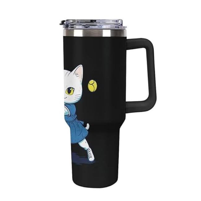 White Cat Playing Tennis 40 Oz Tumbler with Handle and Straw Lid 304 Stainless Steel Water Bottle Large Capacity Travel Car Cup