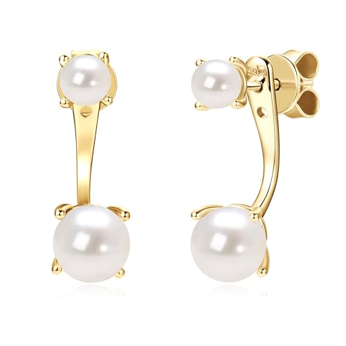 Freshwater Pearl Jacket Studs Earrings for Women, Gold Plated Dainty Birthstone Trendy Fashion Accessories Jewelry Gifts