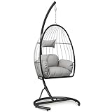 TUIYIDUO ハンキングチェア 卵型 吊り下げ ハンモック スイングチェア 1人掛け 耐荷重150kg クッションとスタンド付き UV耐性 持ち運び便利 パティオ リゾート バルコニー 屋内屋外用 日本語説明書付き（ブラック，196*91.5cm）