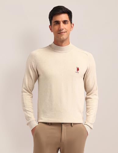 Image of U.S. Polo ASSN. Mens Beige Heathered Mock NeckLong SleeveCasual Cotton Regular Fit Sweater