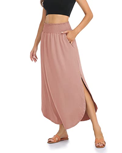 Carpetcom Women's Casual Loose Cozy Comfy Smocked High Waist Maternity Lounge Flowy Long Length Maxi Skirts With Slit Dusty Pink #TOP2