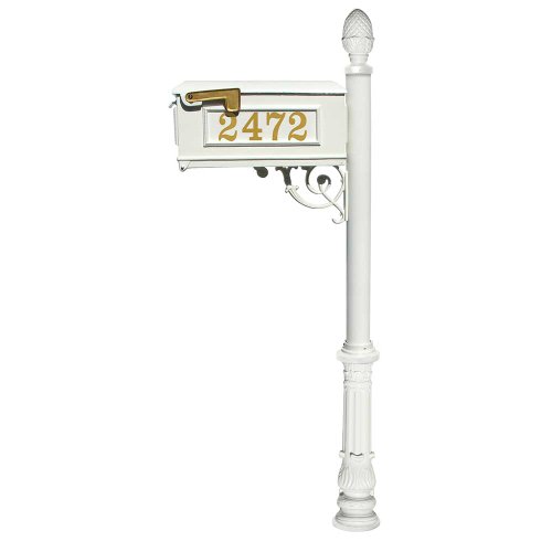 Lewiston Mailbox with Post, Ornate Base & Pineapple Finial, with Vinyl Numbers, White