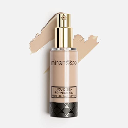 Mirenesse Skin Clone Liquid Silk Foundation SPF 15, Mineral Powder with Natural Matte Finish, Oil Free & Long Lasting High Coverage, Minimizes Pores, Vegan & Toxin Free, 21 Vienna 1.2oz