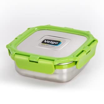 Image of Veigo Original Stainless Steel Medium Snack Box (300 ml), Airtight & Leakproof, Freezer & Dishwasher Safe, Snacks Box for School, Silicone Ring & Polymer Frame, Safe Lid Lock, Green