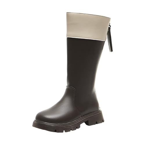 IWIHMIV Little Girls Riding Boots Leather Round Toe Mid Calf Boots Non Slip Thick Soled High Booties with Zipper