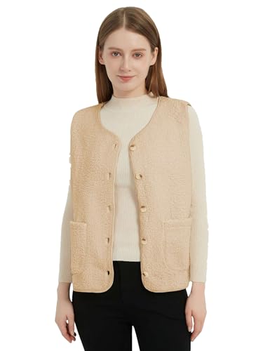 Womens Fall Winter Fleece Sherpa Lightweight Vest Cozy Sleeveless Button Down Fuzzy Outwear Vests with Pockets