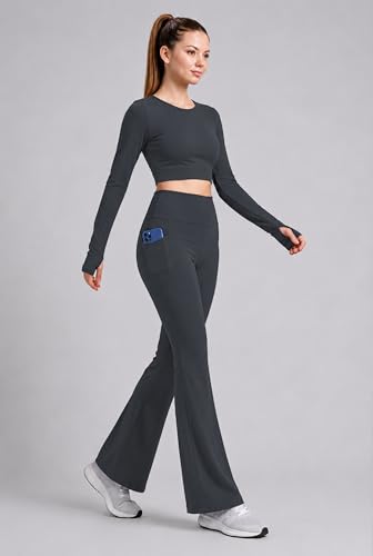 Image of PINAAK FASHION Women's Yoga Co-Ord Set | Full Sleeve Crop Top & Flared High Waist Yoga Pants with Pocket | Thumb Hole Sleeves | Bell Bottom Gym Wear Activewear Tracksuit for Workout, Running & Lounge