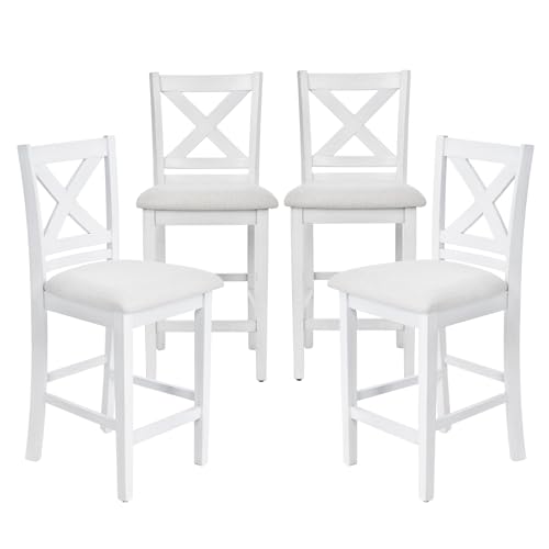 COLAMY Counter Height Bar Stools Set of 4, Kitchen Island Stools with Cross Back, Upholstered Counter Stools with Wood Legs, Modern Wooden Bar Stools for Kitchen Dining Room Bar, Grey White Wash