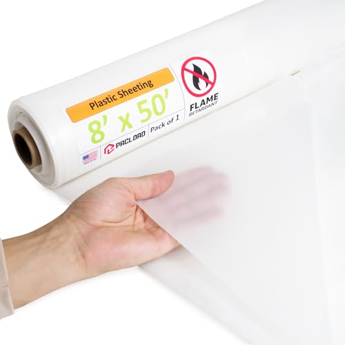 Paclord Flame Retardant Plastic Sheeting 8' x 50' (400 Sq Ft) – USA-Made Heavy-Duty 4 mil LDPE Plastic Tarp for Welding, Painting & Construction – Fire-Rated, Waterproof, Tear-Resistant Barrier
