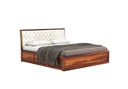 Image of Luxury Upholstered Queen Size Bed with Storage | Soft Fabric Padded Quilted Headboard | Strong Sheesham Wood Frame | Modern Wooden Bed for Bedroom Home & Hotel (Honey Finish, Queen)
