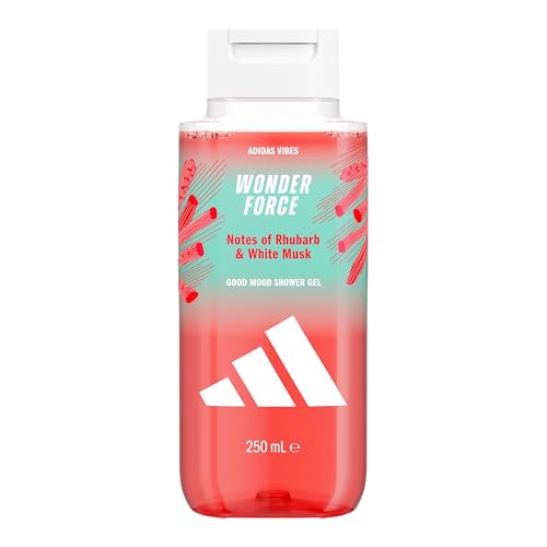 adidas Vibes Wonder Force Gel douche, 250 ml, lot de 1, notes de rhubarbe et de musc blanc, parfum unisexe