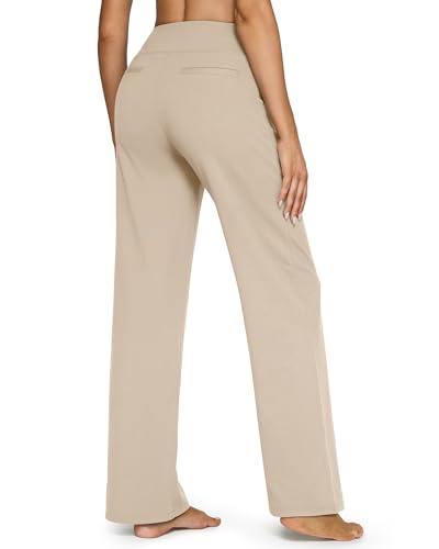G4Free Yogahose Damen Lang Hohe Taille Elegant Stretch Weites Bein Jogginghose Geschäft Hose Arbeit Bauchkontrolle Lose Gerade Freizeithose mit Taschen (Helles Khaki,M)