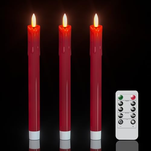 DRomance Dripping Flameless Taper Candles Flickering with Remote and Timer Battery Operated LED Taper Candle Real Wax 3D Wick Dinner Wedding Christmas Holiday Indoor Decor(3 Pack Red 0.78 x 9.7)