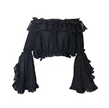 Womens Victorian Lolita Chiffon Ruffle Lace Crop Top Summer Half Sleeve Blouse (Black)