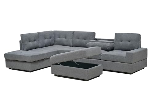 Western Grey Fabric Corner Sofa With Cup Holder & Ottoman - L shape High Back Suite For Living Room - Cheap Sofas & Couches-3020 (Left Hand Side) Western Grey Fabric Corner Sofa With Cup Holder & Ottoman - L shape High Back Suite For Living Room - Cheap Sofas & Couches-3020 (Left Hand Side)
