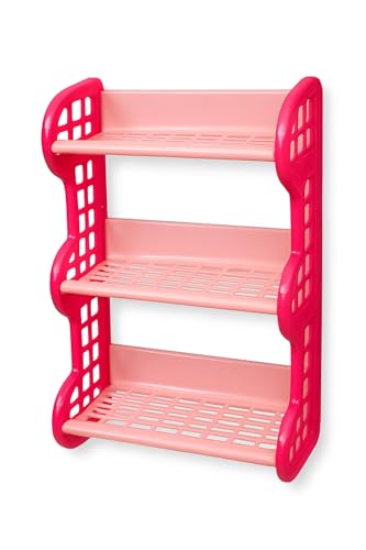Image of 3-Tier Multipurpose Rack Wall Mount Plastic Bathroom Corner Stand Stackable Shelf Vegetable Spice Rack for Kitchen Onion and Potato Basket Vegetable Storage Organizer| Cosmetic Makeup Storage|(Pink)