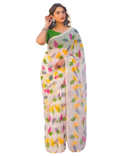 Image of SIRIL Women's Chiffon Printed Saree with Unstitched Blouse Piece